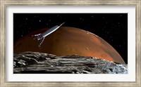 Spaceship in Orbit over Mars Moon, Phobos Fine Art Print