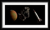 Two 1950's Styled Spaceships Near Mars and its Moon Deimos Fine Art Print
