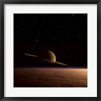 Saturn Floats in the Background Above Titan Fine Art Print
