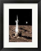 1950's view of a Stream-lined Finned Spaceship Beginning its Landing Phase Fine Art Print