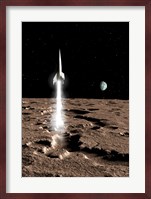 1950's view of a Stream-lined Finned Spaceship Beginning its Landing Phase Fine Art Print