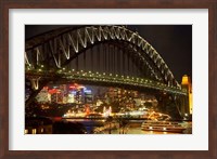 Australia, NSW, Sydney Harbour Bridge, Tour Boat at Night Fine Art Print