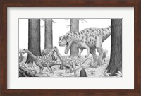 Ceratosaurus Chasing Young Apatosaurus Dinosaurs Fine Art Print