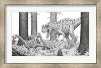 Ceratosaurus Chasing Young Apatosaurus Dinosaurs Fine Art Print