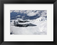 Two F-15 Eagles Fly Past Snow Capped Peaks in Central Oregon Fine Art Print