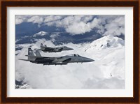 Two F-15 Eagles Fly Past Snow Capped Peaks in Central Oregon Fine Art Print