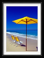 Yellow Chairs and Umbrella on Pristine Beach, Caribbean Fine Art Print