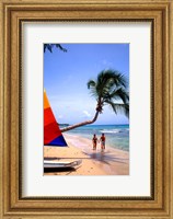 Couple on Beach with Sailboat and Palm Tree, Barbados Fine Art Print