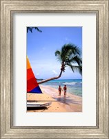 Couple on Beach with Sailboat and Palm Tree, Barbados Fine Art Print