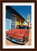 Old Classic Chevy on cobblestone street of Trinidad, Cuba Fine Art Print