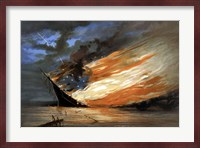 Vintage Civil War painting Warship Burning Fine Art Print