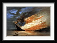 Vintage Civil War painting Warship Burning Fine Art Print