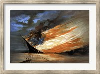 Vintage Civil War painting Warship Burning Fine Art Print