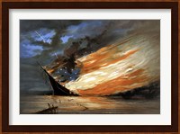 Vintage Civil War painting Warship Burning Fine Art Print