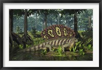 An Edaphosaurus forages in a brackish mangrove like swamp Fine Art Print
