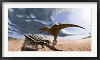 A Tarbosaurus dinosaur and an armored Saichania ankylosaurid Fine Art Print