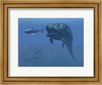 A prehistoric Dunkleosteus fish prepares to eat a primitive shark Fine Art Print