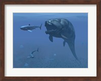 A prehistoric Dunkleosteus fish prepares to eat a primitive shark Fine Art Print