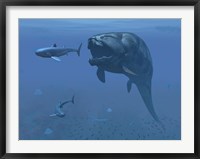 A prehistoric Dunkleosteus fish prepares to eat a primitive shark Fine Art Print