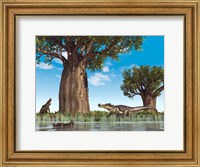 Kaprosuchus crocodyliforms near a baobab tree in a prehistoric landscape Fine Art Print