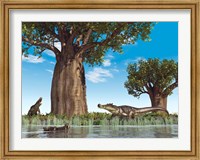 Kaprosuchus crocodyliforms near a baobab tree in a prehistoric landscape Fine Art Print