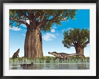 Kaprosuchus crocodyliforms near a baobab tree in a prehistoric landscape Fine Art Print