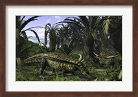 Desmatosuchus search for edible roots in a prehistoric landscape Fine Art Print