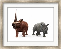 An adult Elasmotherium compared to a modern adult White Rhinoceros Fine Art Print