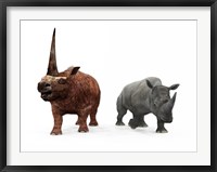 An adult Elasmotherium compared to a modern adult White Rhinoceros Fine Art Print
