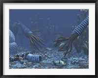 Squid-like Orthoceratites attempt to make meals of trilobites Fine Art Print