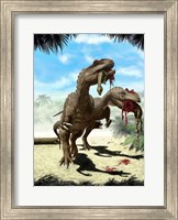 Two Allosaurus with a Hypsilophodon in mouth as next meal Fine Art Print