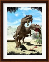 Two Allosaurus with a Hypsilophodon in mouth as next meal Fine Art Print