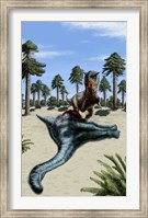 A Carnotaurus eating the flesh of a dead Chubutisaurus Fine Art Print
