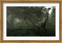 An Antarctosaurus stalked by Abelisaurus in a prehistoric landscape Fine Art Print