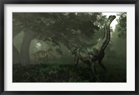 An Antarctosaurus stalked by Abelisaurus in a prehistoric landscape Fine Art Print