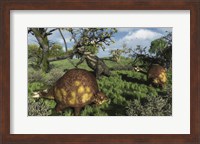 Prehistoric glyptodonts graze on grassy plains An Eremotherium is in the background Fine Art Print