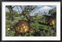 Prehistoric glyptodonts graze on grassy plains An Eremotherium is in the background Fine Art Print