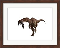 A Baryonyx dinosaur with a fish in mouth, white background Fine Art Print