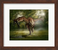 A Baryonyx dinosaur catches a fish out of water Fine Art Print