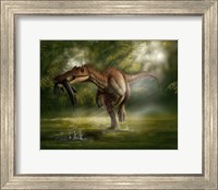 A Baryonyx dinosaur catches a fish out of water Fine Art Print