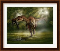 A Baryonyx dinosaur catches a fish out of water Fine Art Print