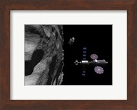 A Manned Maneuvering Vehicle descends toward the surface of a small asteroid Fine Art Print