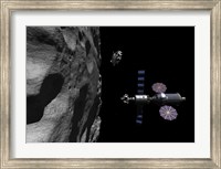 A Manned Maneuvering Vehicle descends toward the surface of a small asteroid Fine Art Print