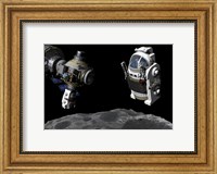 A Manned Maneuvering Vehicle prepares to descend to the surface of a small asteroid Fine Art Print