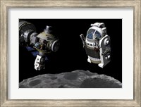 A Manned Maneuvering Vehicle prepares to descend to the surface of a small asteroid Fine Art Print