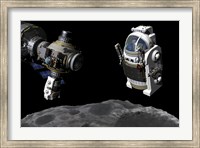 A Manned Maneuvering Vehicle prepares to descend to the surface of a small asteroid Fine Art Print