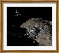 A manned Asteroid Lander descends toward the surface of an ancient asteroid Fine Art Print