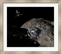 A manned Asteroid Lander descends toward the surface of an ancient asteroid Fine Art Print