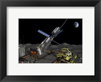 A manned lunar space elevator prepares to depart from its manned lunar base Fine Art Print