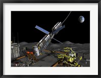 A manned lunar space elevator prepares to depart from its manned lunar base Fine Art Print
